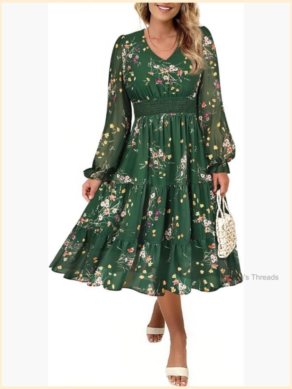 Plus Size Maxi Floral Dress Long Sleeve V Neck Empire Waist Flowy Wedding Guest